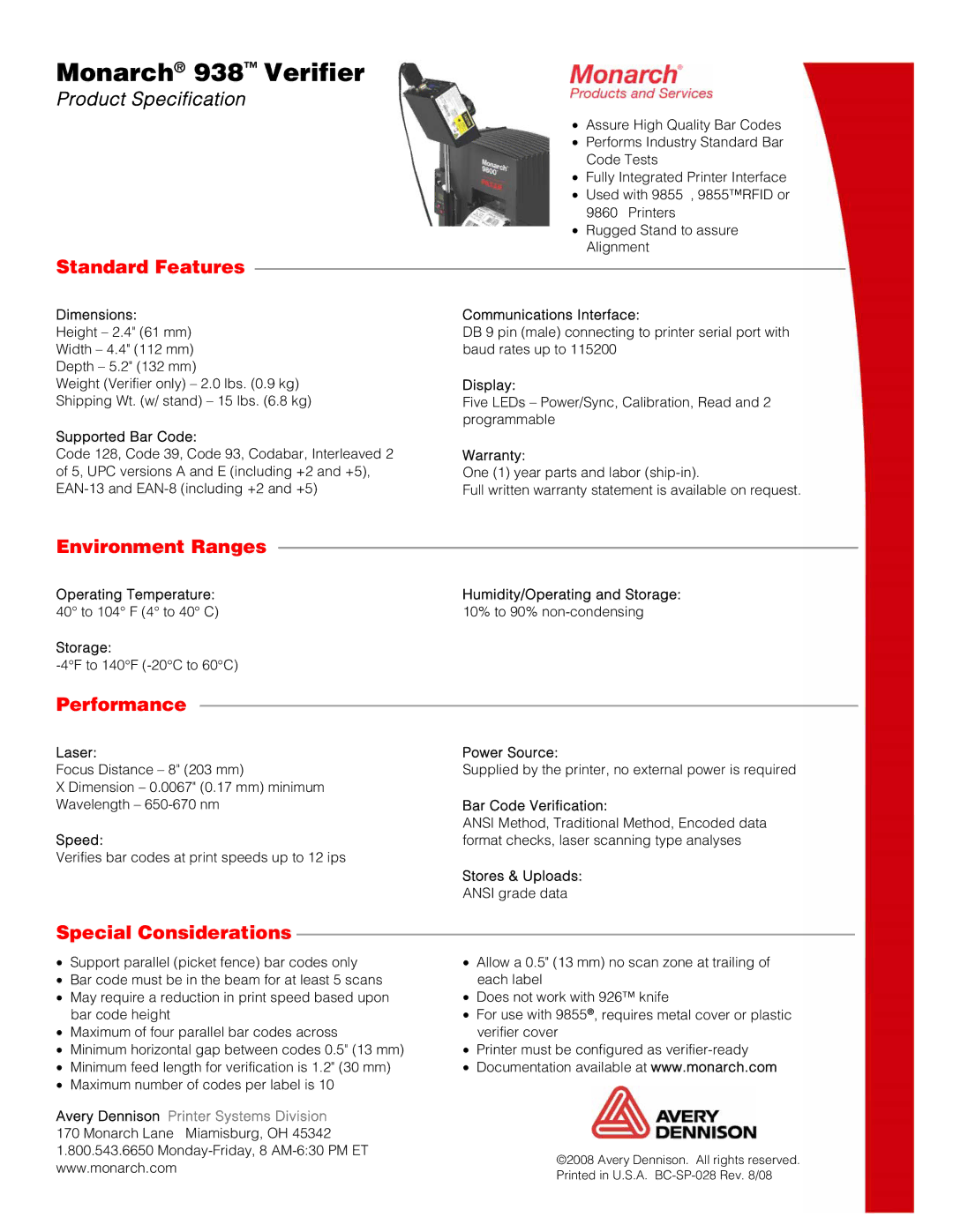 Monarch 938 dimensions Standard Features, Environment Ranges, Performance, Special Considerations 