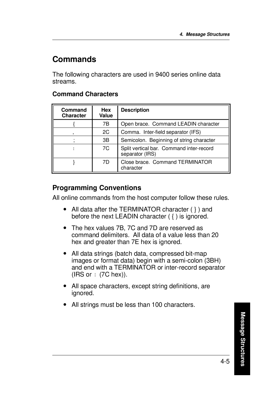 Monarch 9400 Series manual Commands, Programming Conventions, Command Characters 