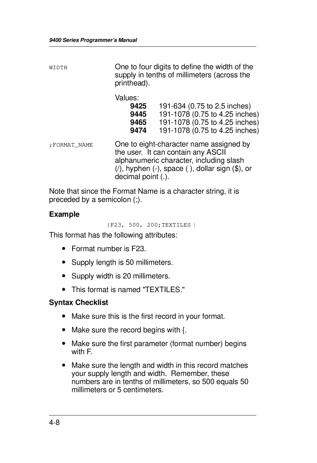 Monarch 9400 Series manual Syntax Checklist 