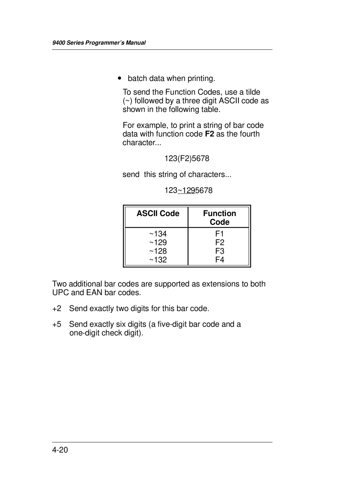 Monarch 9400 Series manual Ascii Code Function 