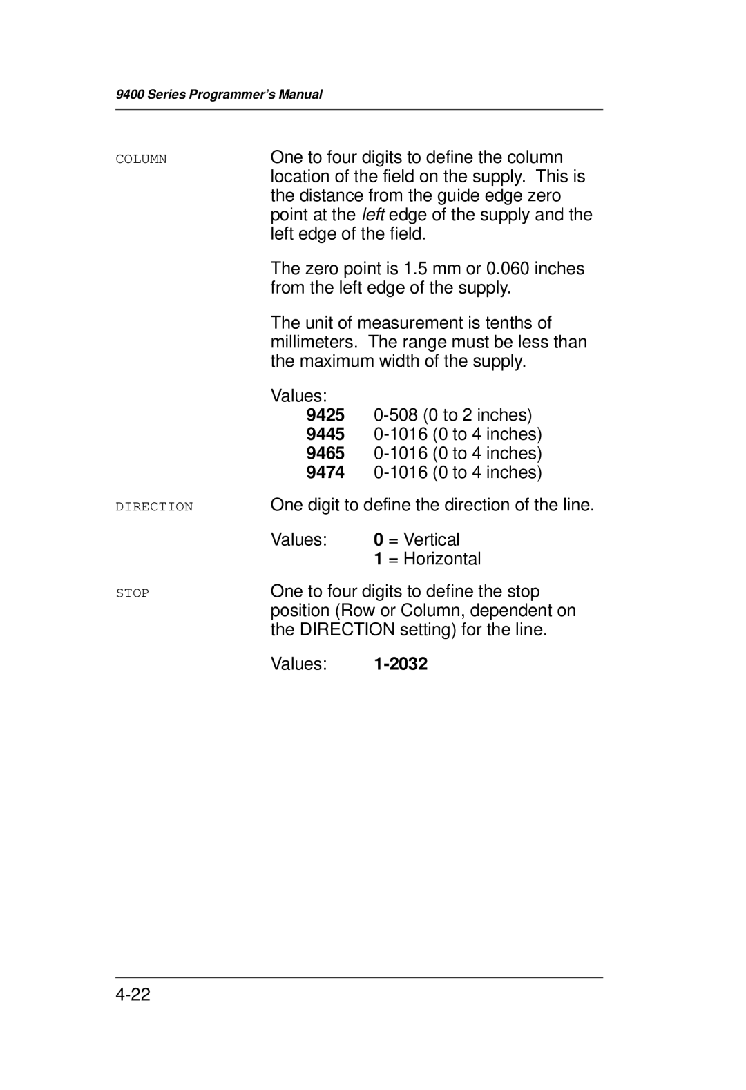 Monarch 9400 Series manual Column Direction Stop 