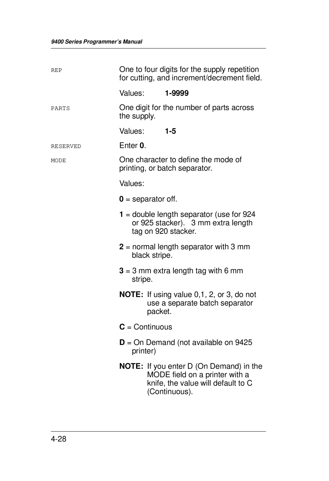 Monarch 9400 Series manual One to four digits for the supply repetition 