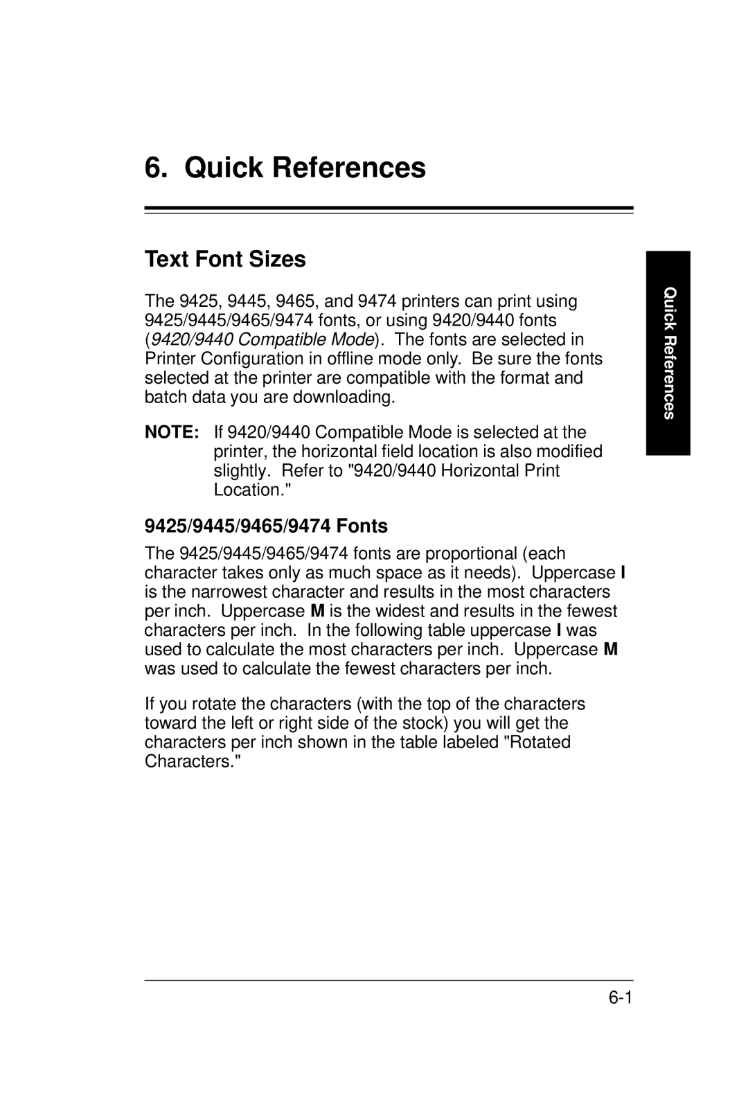 Monarch 9400 Series manual Text Font Sizes, 9425/9445/9465/9474 Fonts 