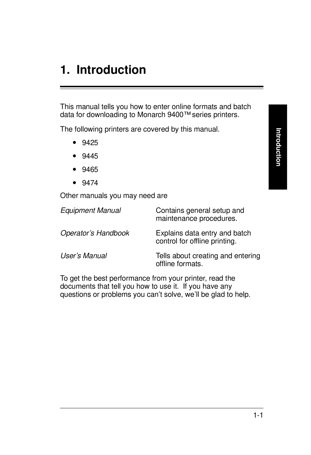 Monarch 9400 Series manual Introduction 