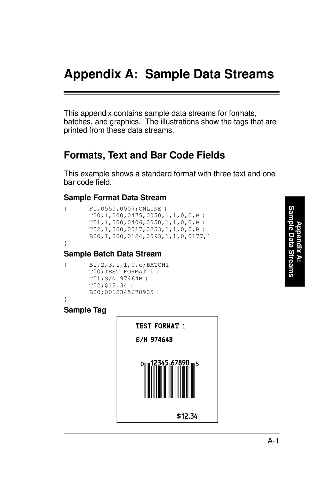 Monarch 9400 Series Formats, Text and Bar Code Fields, Sample Format Data Stream, Sample Batch Data Stream, Sample Tag 