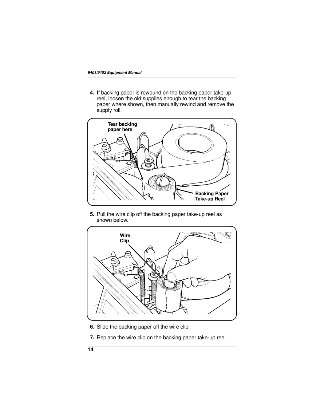 Monarch 9402, 9401 manual Tear backing paper here Backing Paper Take-up Reel 