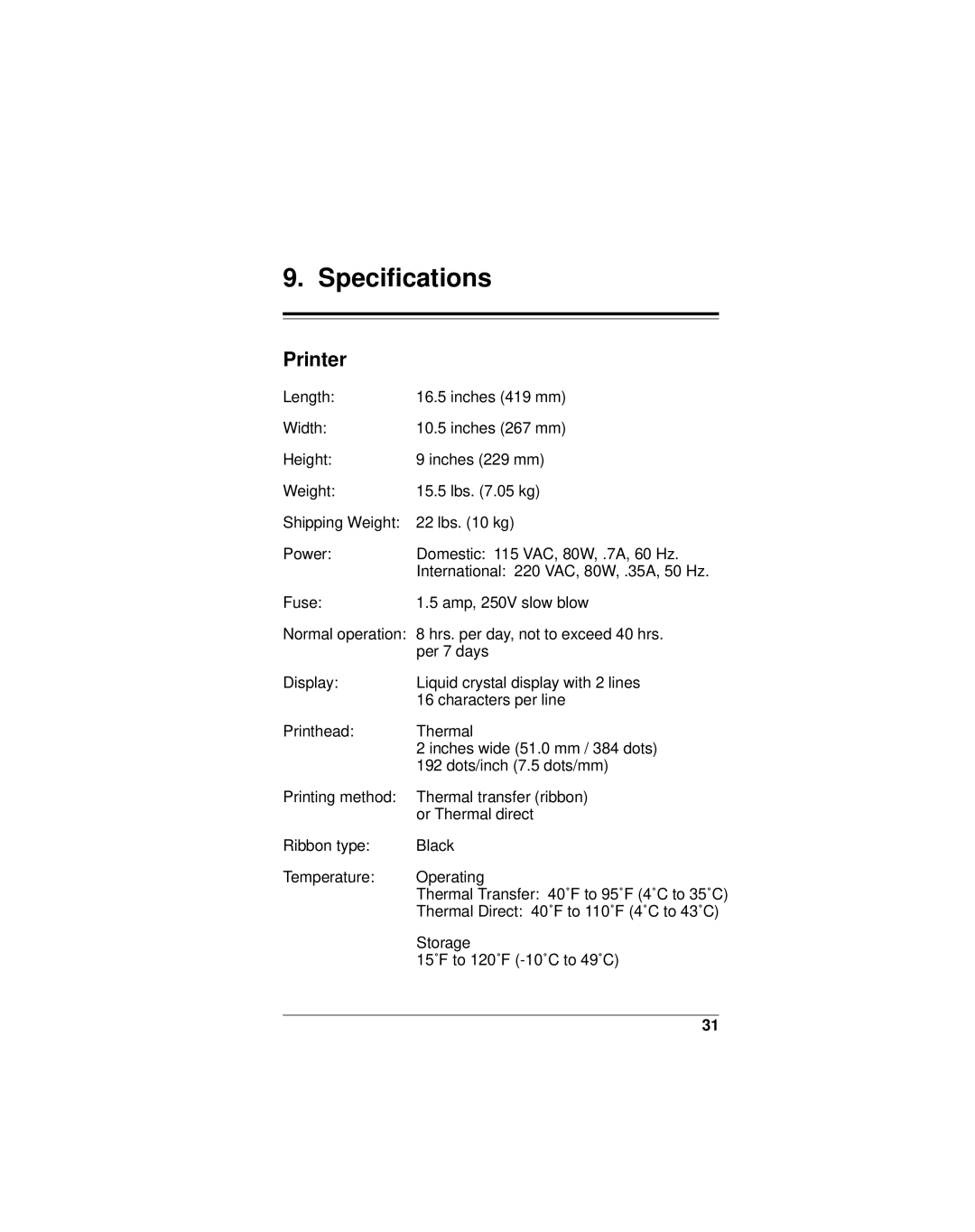 Monarch 9401, 9402 manual Specifications, Printer 