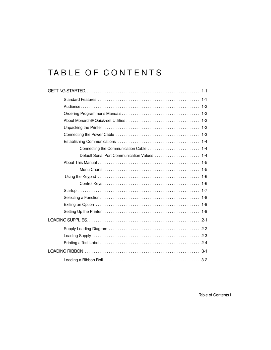 Monarch 9403TM manual Ta B L E O F C O N T E N T S, Getting Started, Loading Supplies, Loading Ribbon 
