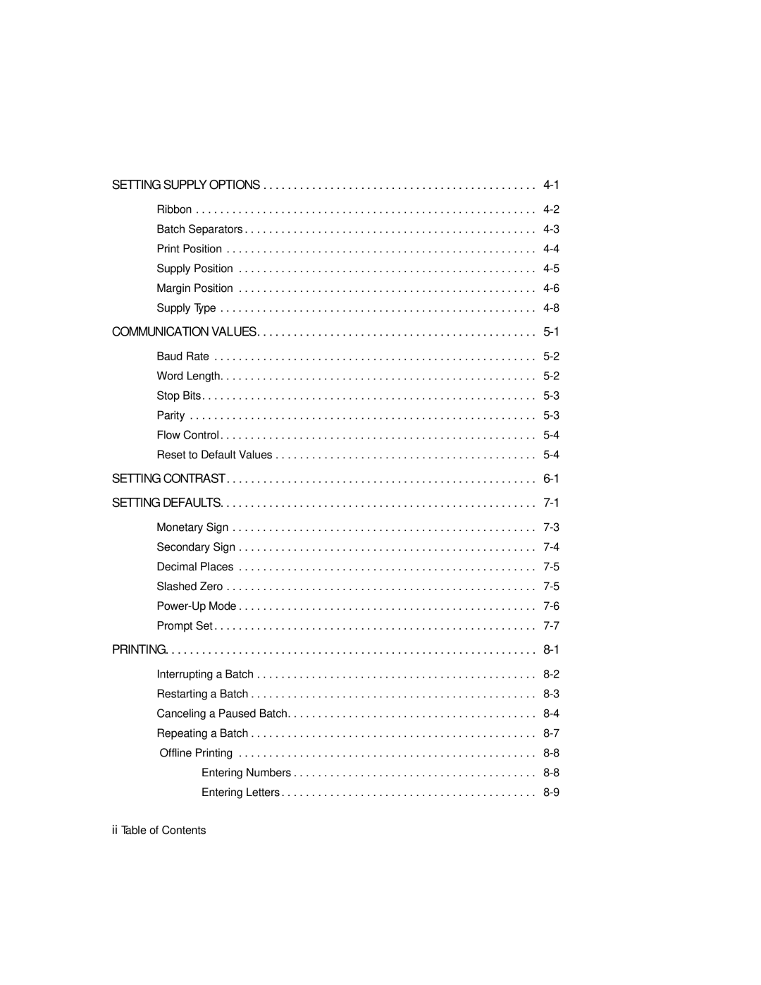 Monarch 9403TM manual Setting Supply Options, Communication Values, Setting Contrast Setting Defaults, Printing 