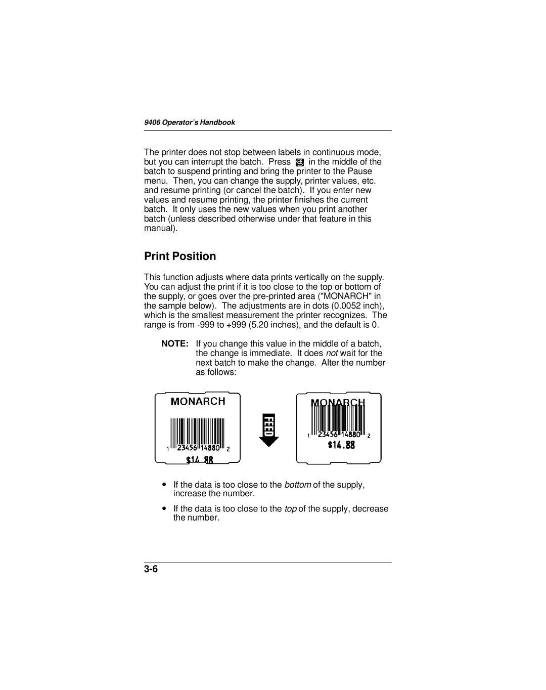 Monarch 9406 manual Print Position 