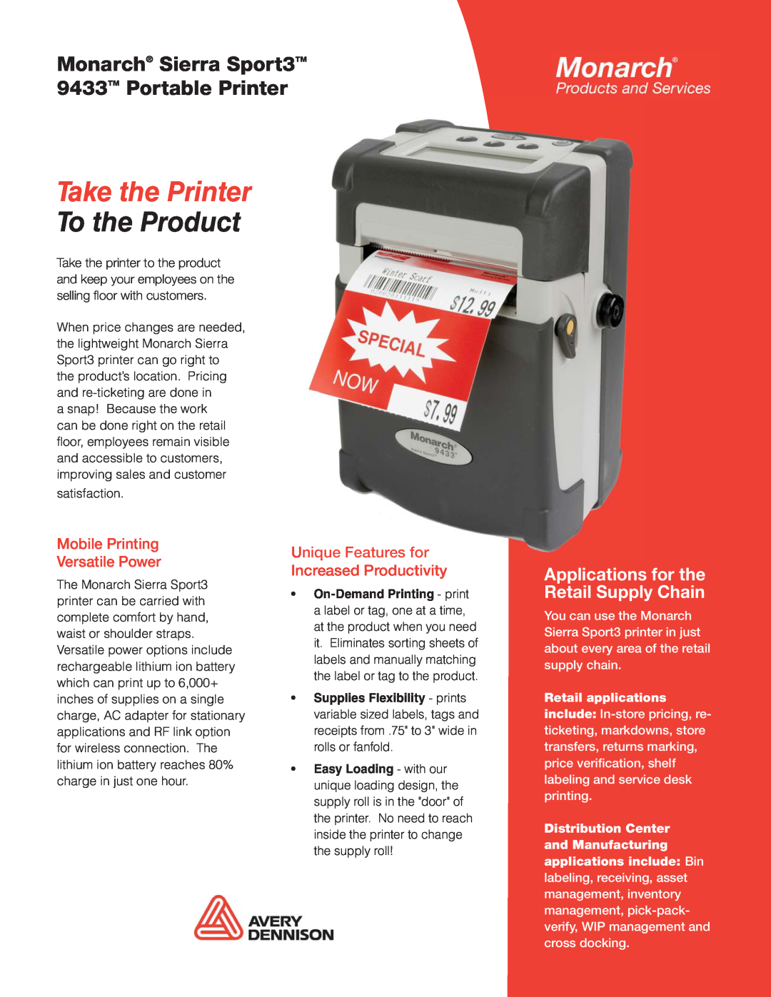 Monarch manual Monarch Sierra Sport3TM 9433TM Portable Printer, Mobile Printing Versatile Power, Take the Printer 