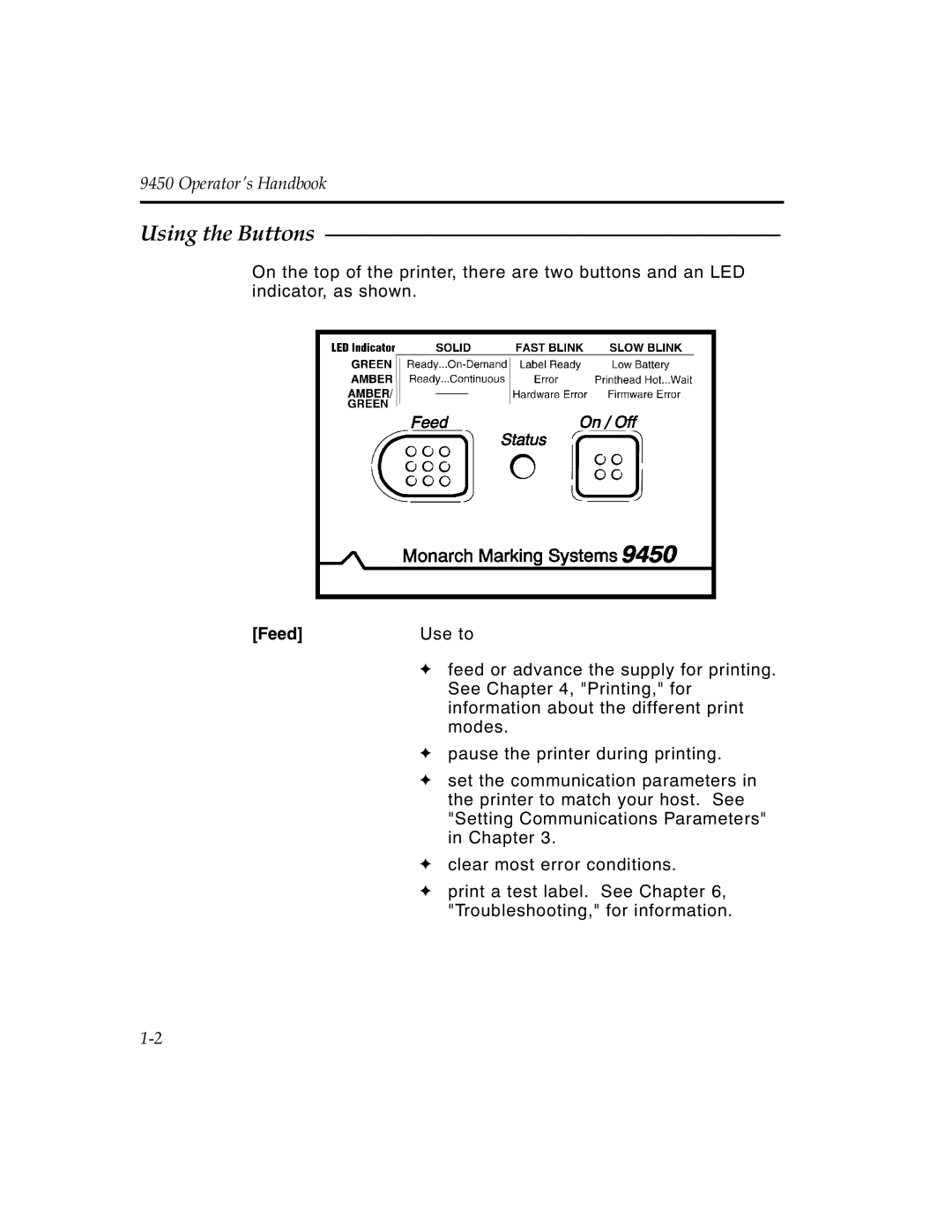 Monarch 9450 manual Using the Buttons, Feed 