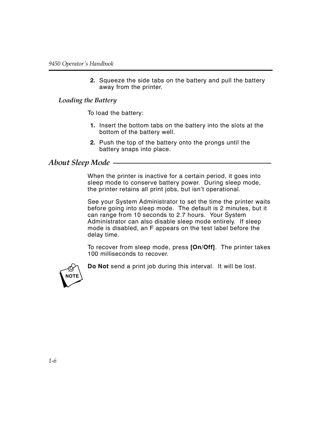 Monarch 9450 manual About Sleep Mode, Loading the Battery 