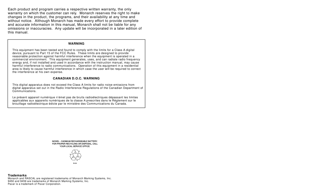 Monarch 9450 manual Canadian D.O.C. Warning 