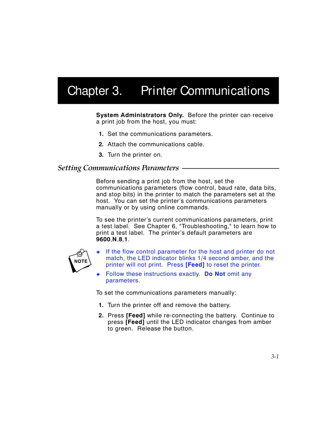 Monarch 9450 manual Printer Communications, Setting Communications Parameters 