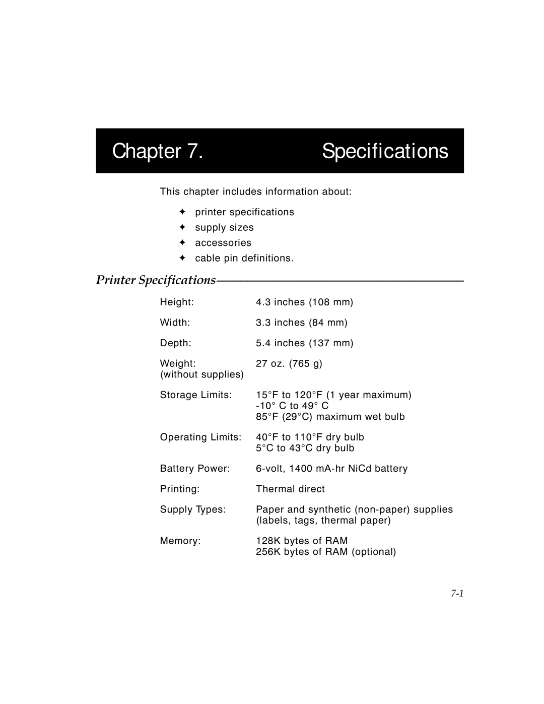 Monarch 9450 manual Chapter Specifications, Printer Specifications 