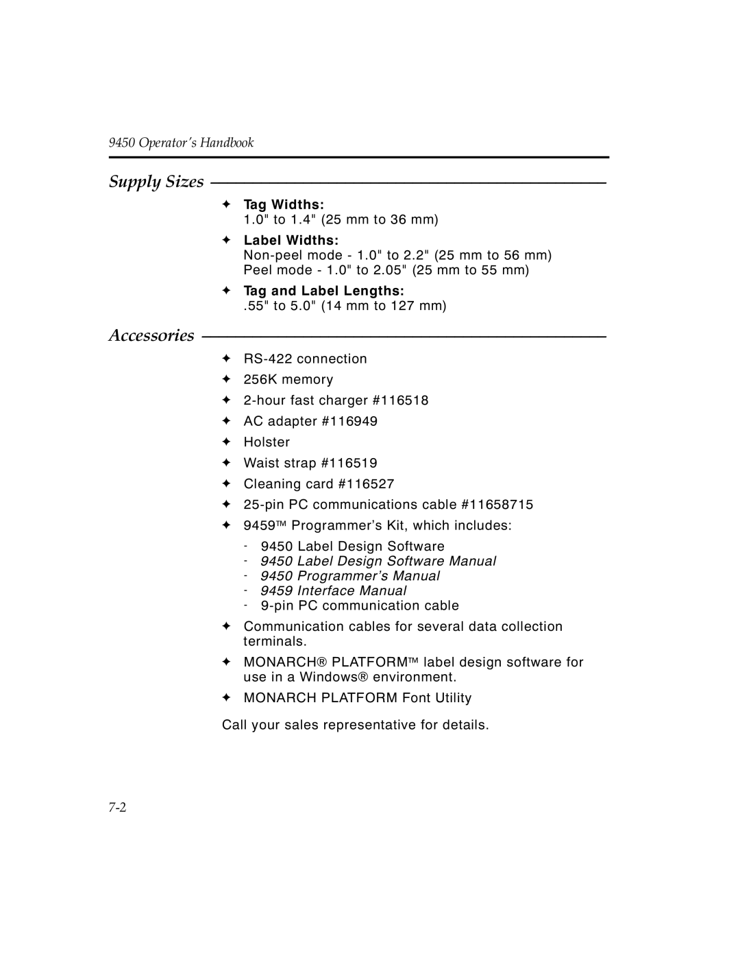 Monarch 9450 manual Supply Sizes, Accessories 