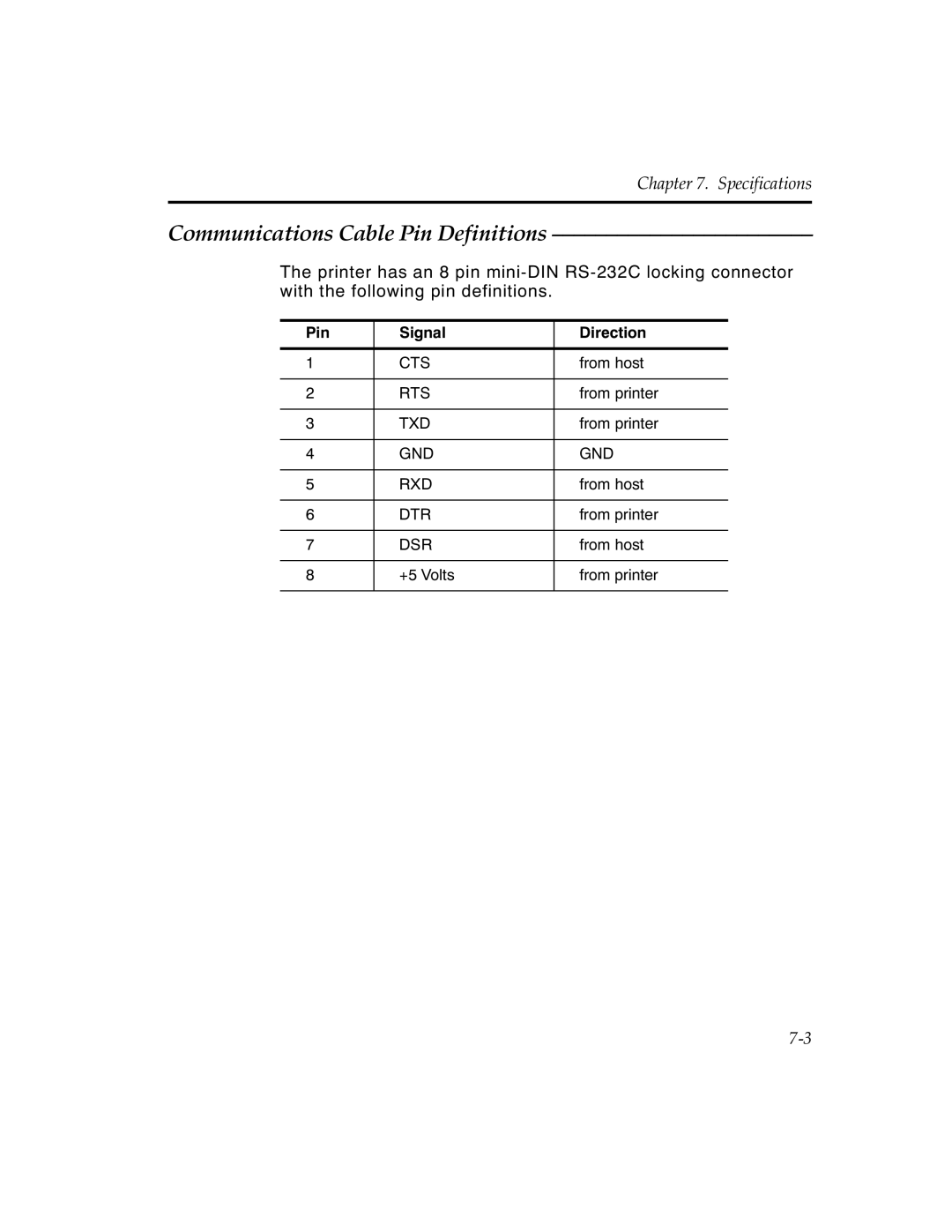 Monarch 9450 manual Communications Cable Pin Definitions, Pin Signal Direction 