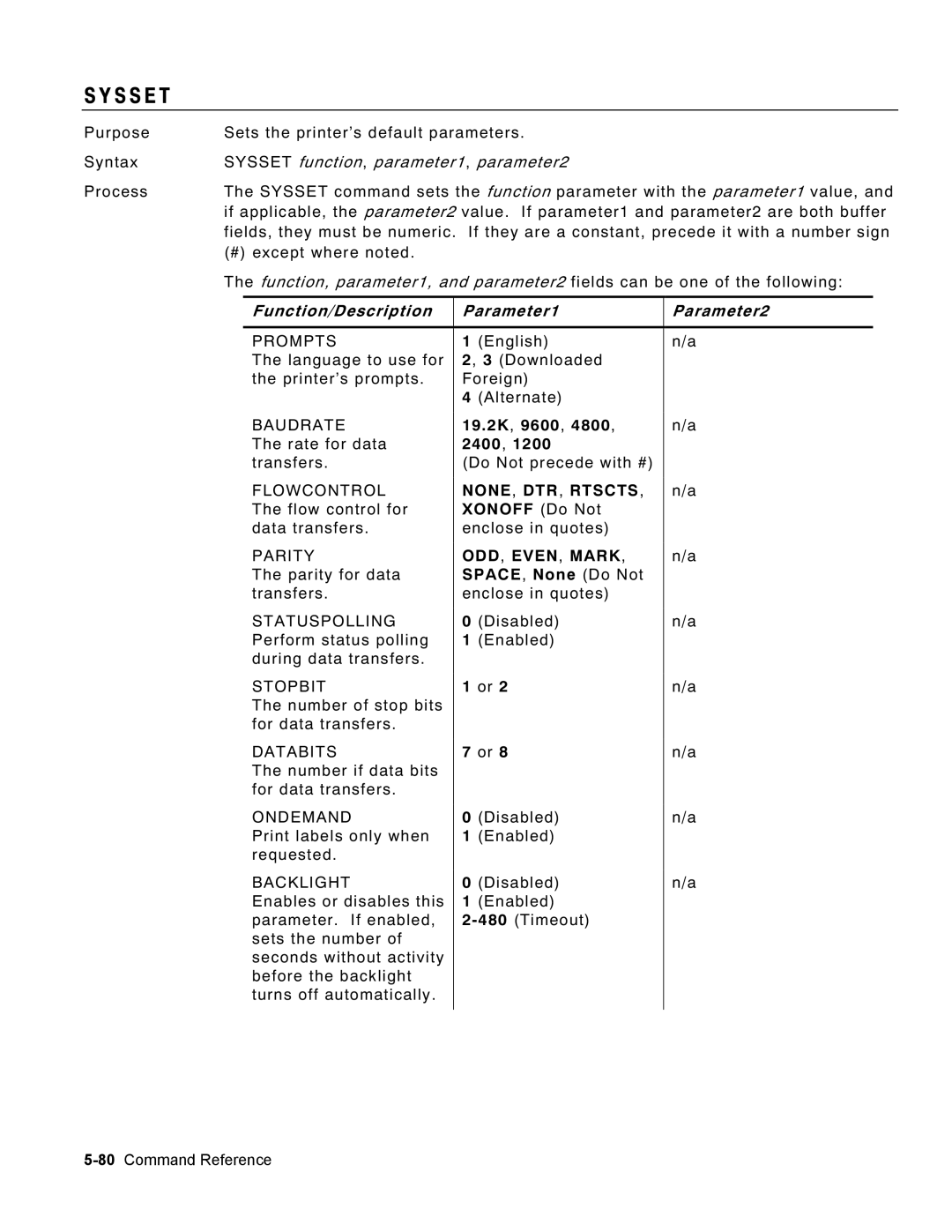 Monarch 9460 manual S S E T, Sysset function, parameter1, parameter2, Function/Description Parameter1 Parameter2 