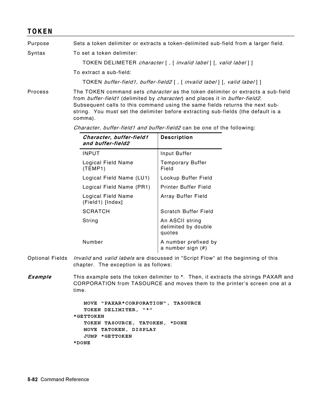 Monarch 9460 manual K E N, Token Delimeter character , invalid label , valid label, Character, buffer-field1 