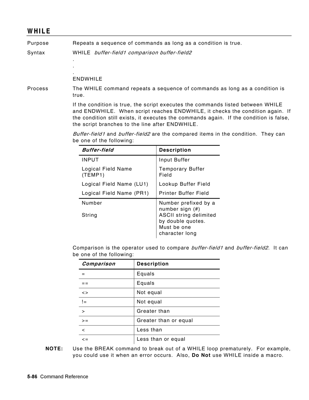 Monarch 9460 manual I L E, While buffer-field1 comparison buffer-field2 