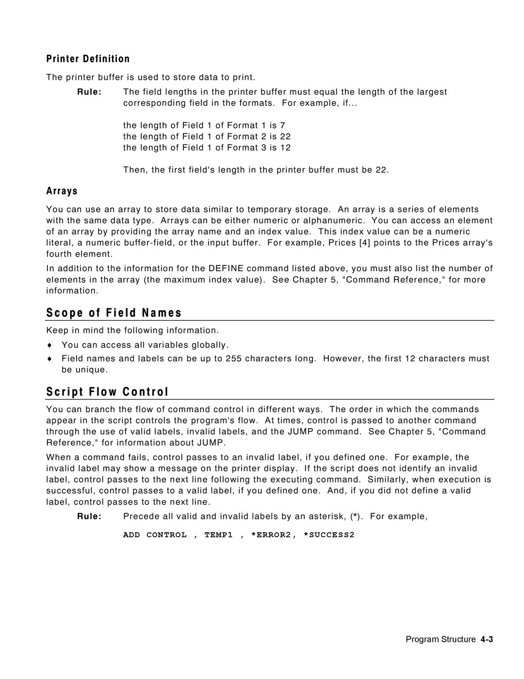 Monarch 9460 manual O p e o f F i e l d N a m e s, R i p t F l o w C o n t r o l, ADD Control , TEMP1 , *ERROR2, *SUCCESS2 