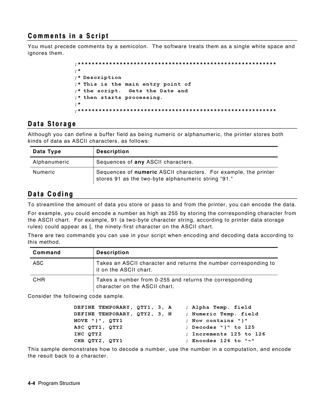 Monarch 9460 manual M m e n t s i n a S c r i p t, T a S t o r a g e, T a C o d i n g 