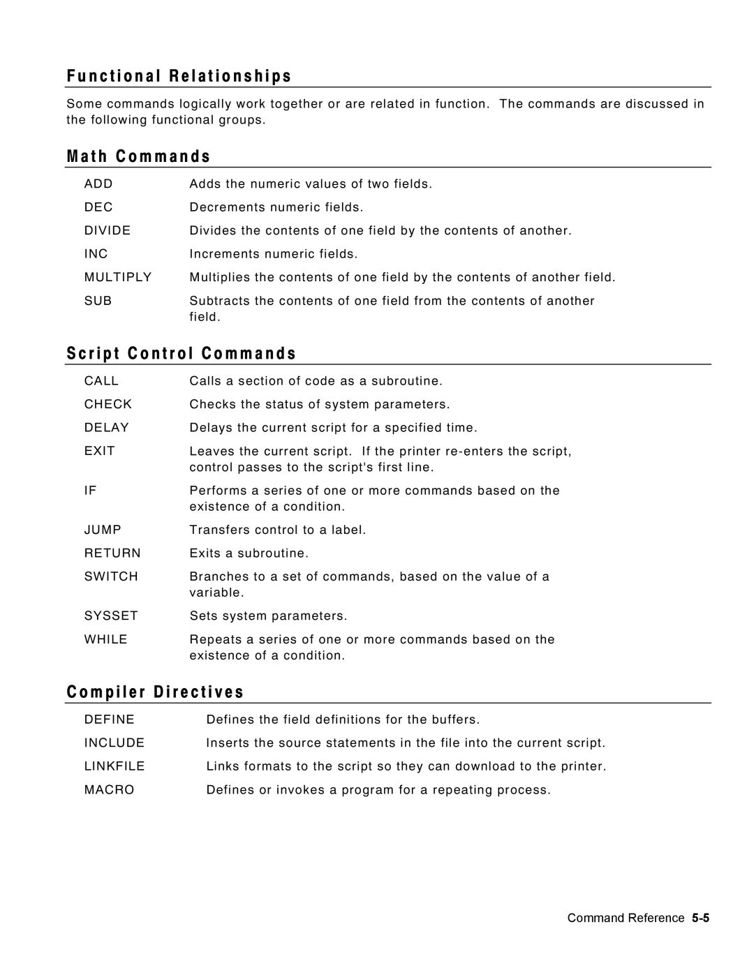 Monarch 9460 manual N c t i o n a l R e l a t i o n s h i p s, T h C o m m a n d s, R i p t C o n t r o l C o m m a n d s 