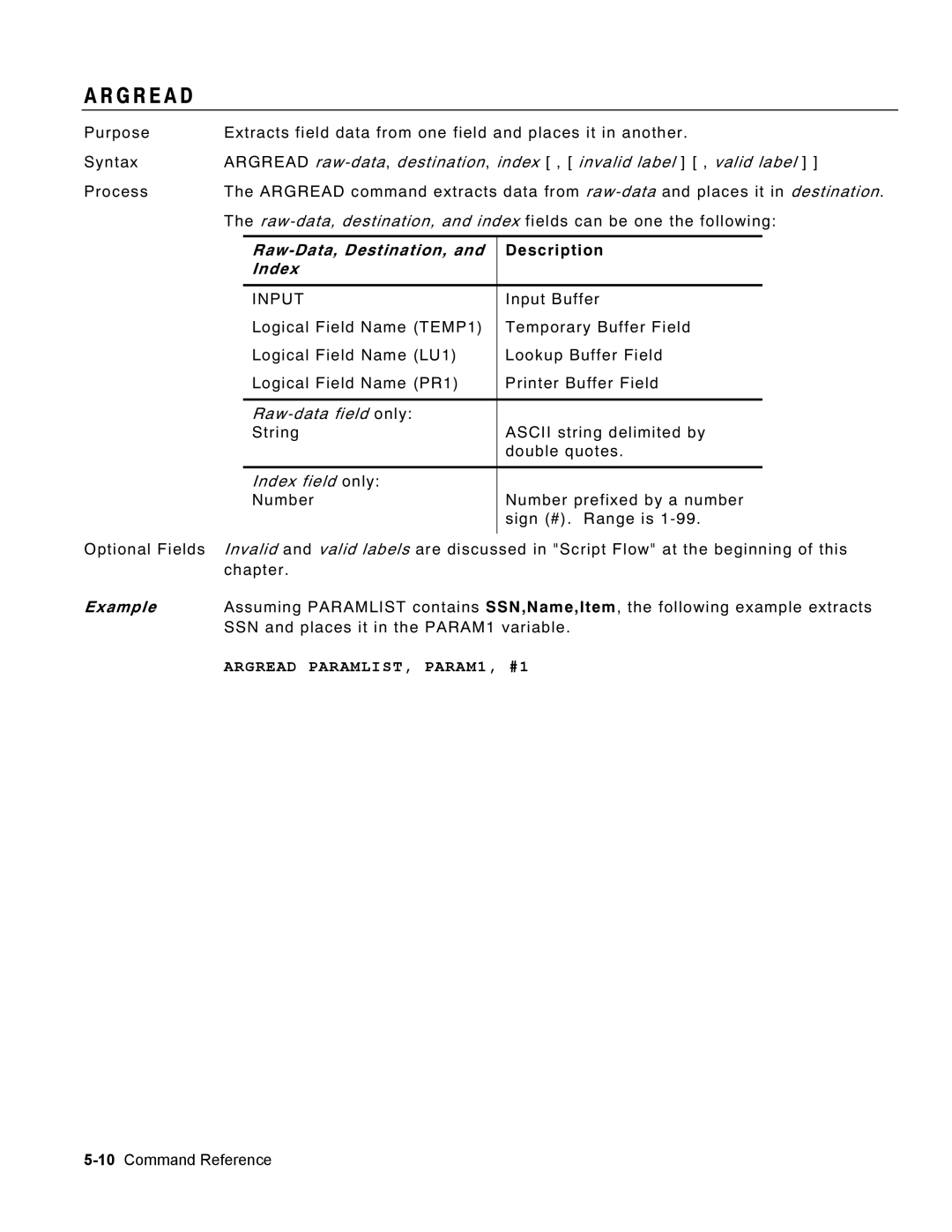 Monarch 9460 manual G R E a D, Raw-Data, Destination, Index, Argread PARAMLIST, PARAM1, #1 