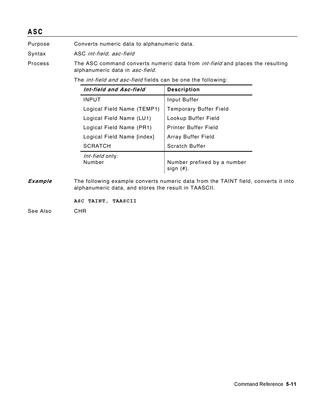 Monarch 9460 manual ASC int-field,asc-field, Int-field and Asc-field, Int-field only, ASC TAINT, Taascii 