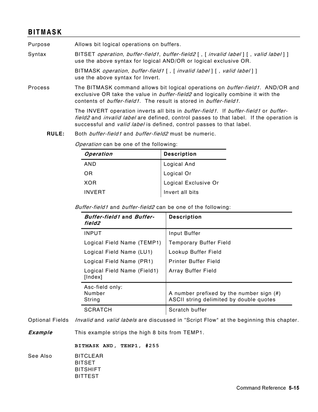 Monarch 9460 manual T M a S K, Operation, Buffer-field1 and Buffer, Field2, Bitmask AND, TEMP1, #255 