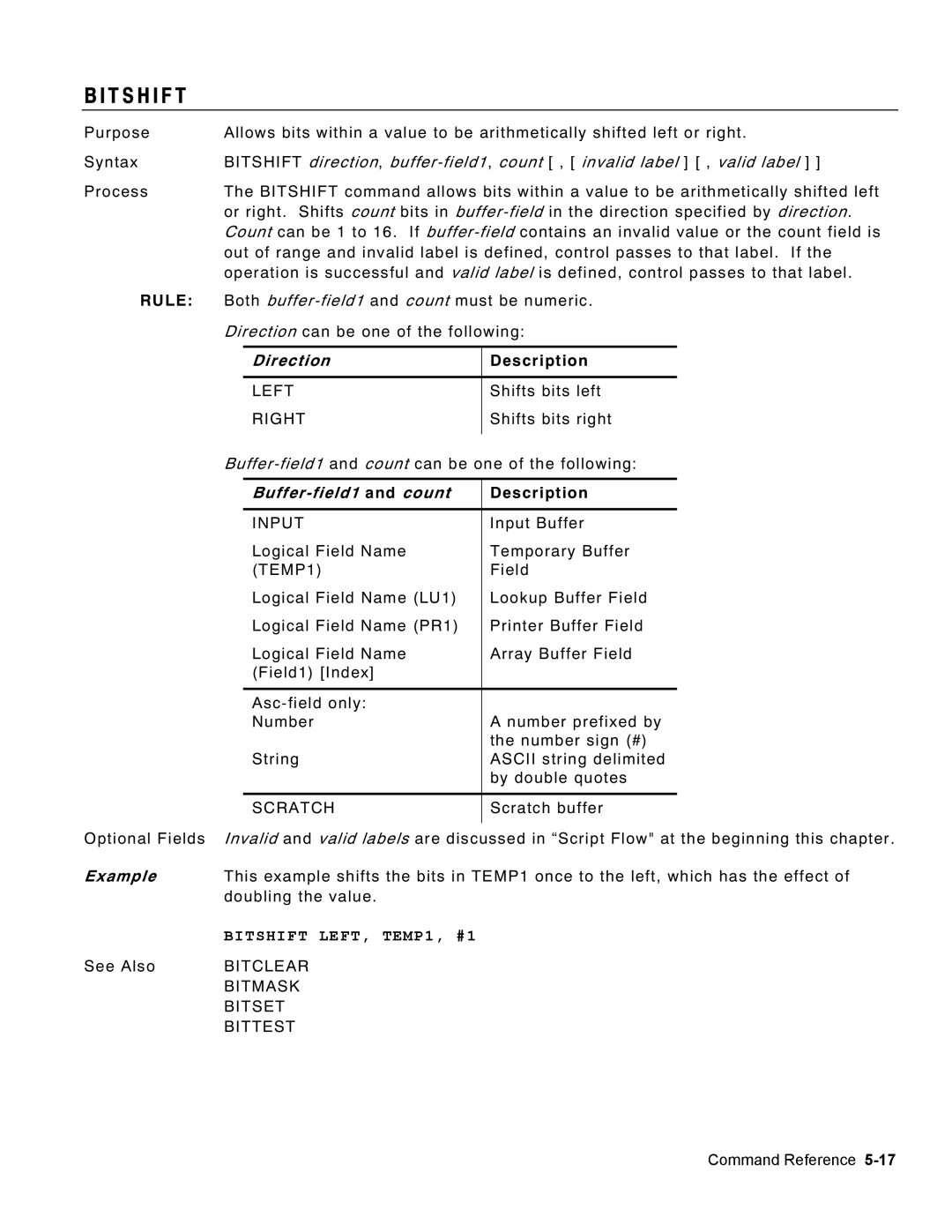 Monarch 9460 manual T S H I F T, Direction, Buffer-field1 and count, Bitshift LEFT, TEMP1, #1 