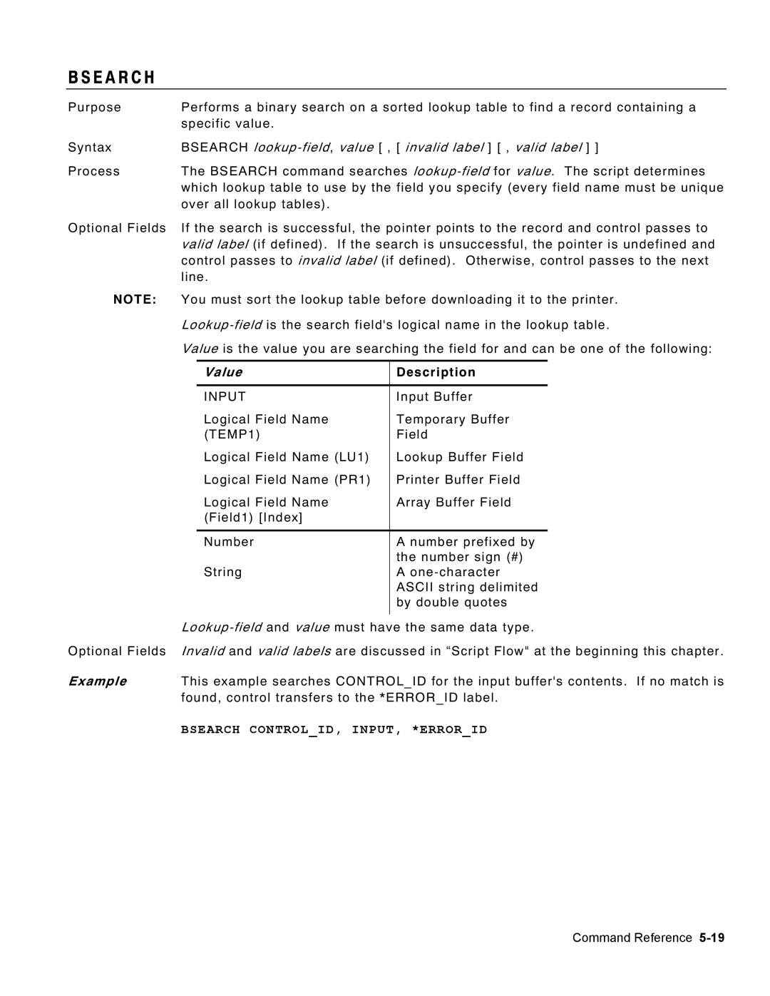 Monarch 9460 manual E a R C H, Bsearch lookup-field,value , invalid label , valid label, Value 