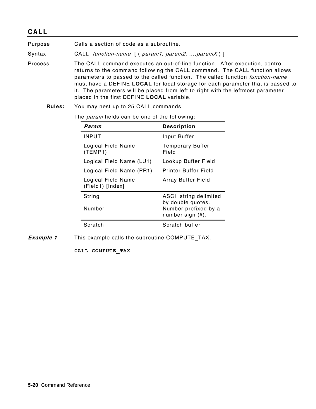 Monarch 9460 manual L L, Call function-name param1, param2, …,paramX, Param, Call Computetax 