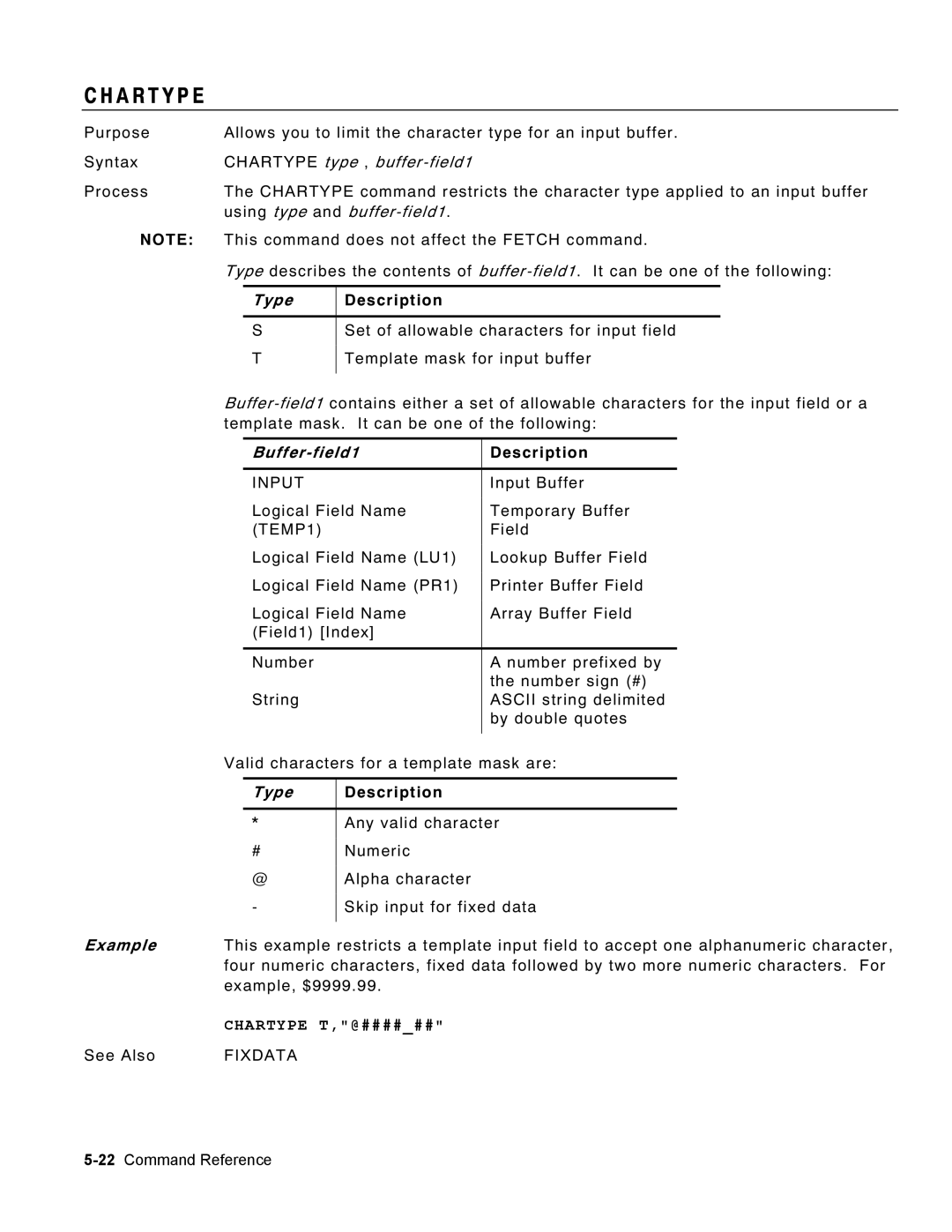 Monarch 9460 manual A R T Y P E, Chartype type , buffer-field1, Using type and buffer-field1, Type Description 