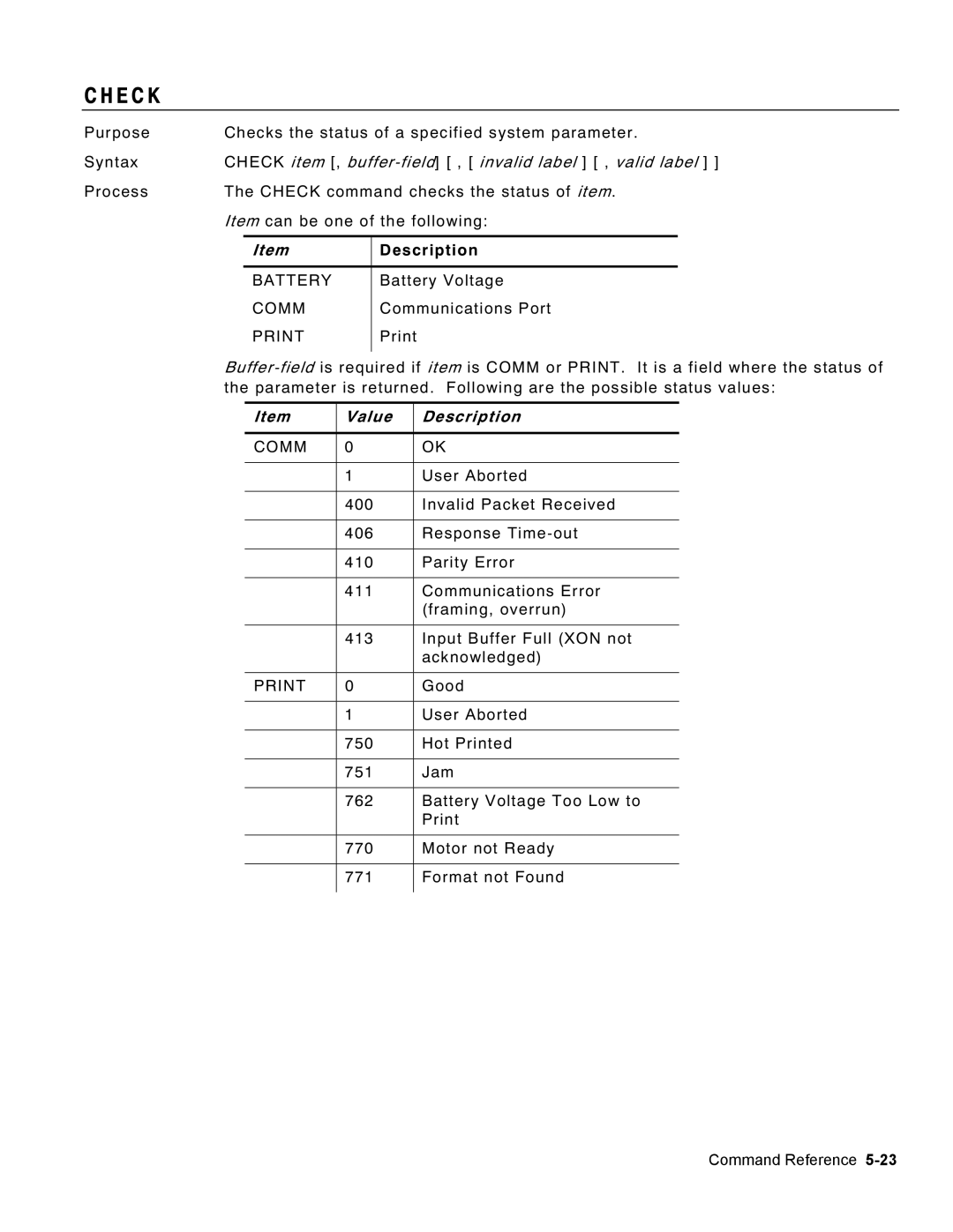 Monarch 9460 manual E C K, Check item , buffer-field , invalid label , valid label, Value Description 