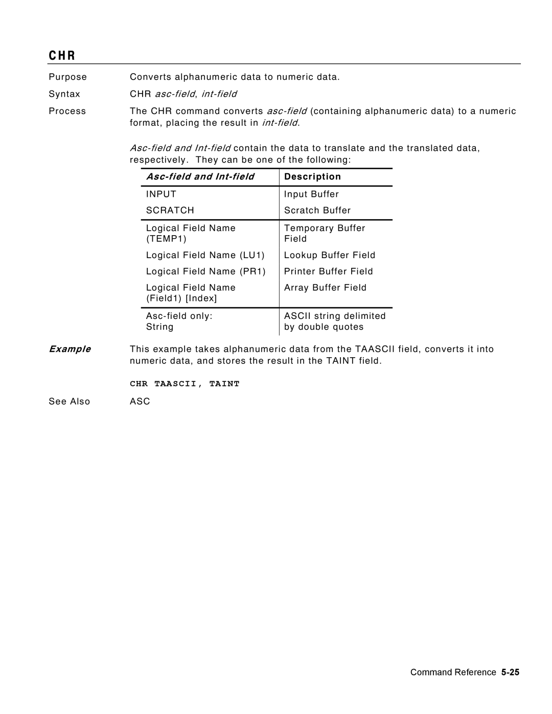 Monarch 9460 manual CHR asc-field,int-field, CHR TAASCII, Taint 