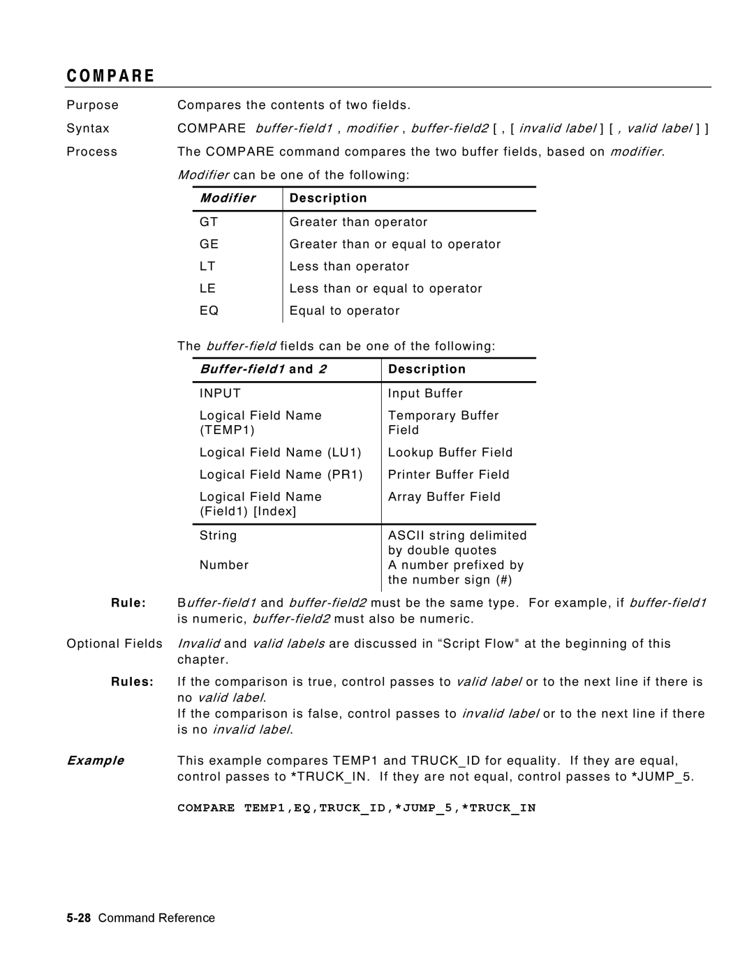 Monarch 9460 manual M P a R E, Modifier, No valid label, Is no invalid label, Compare TEMP1,EQ,TRUCKID,*JUMP5,*TRUCKIN 