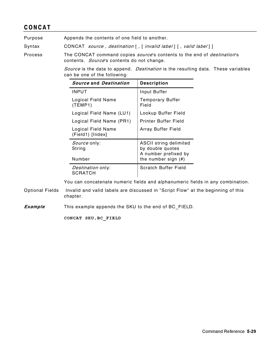 Monarch 9460 manual N C a T, Source and Destination, Concat SKU,BCFIELD 