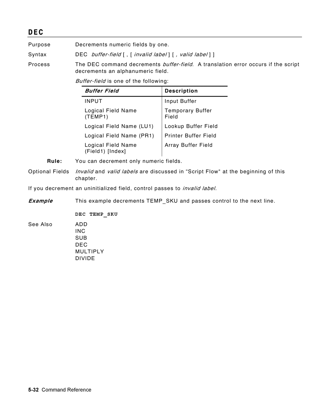 Monarch 9460 manual DEC buffer-field , invalid label , valid label, Buffer Field, DEC Tempsku 