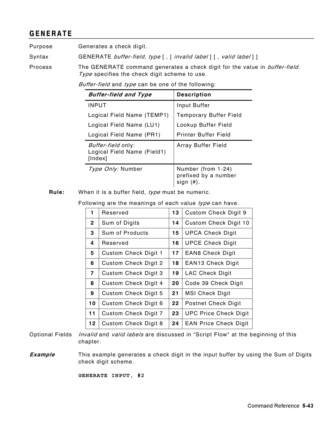 Monarch 9460 manual N E R a T E, Buffer-field and Type, Generate INPUT, #2 