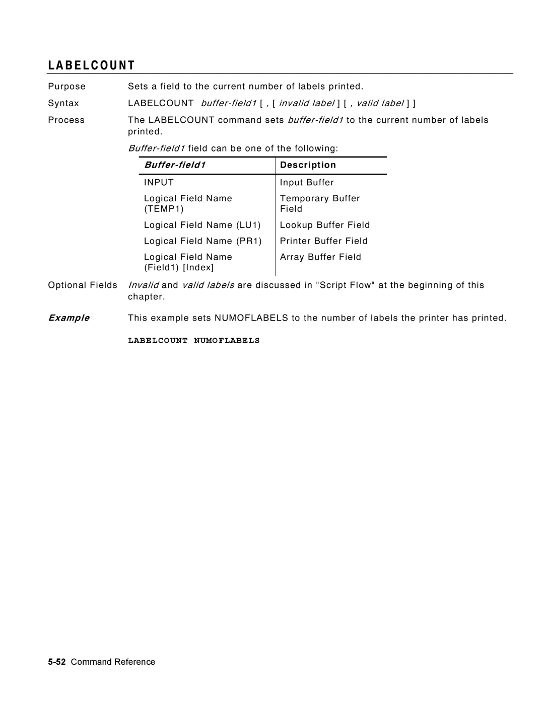 Monarch 9460 manual B E L C O U N T, Labelcount buffer-field1 , invalid label , valid label, Labelcount Numoflabels 