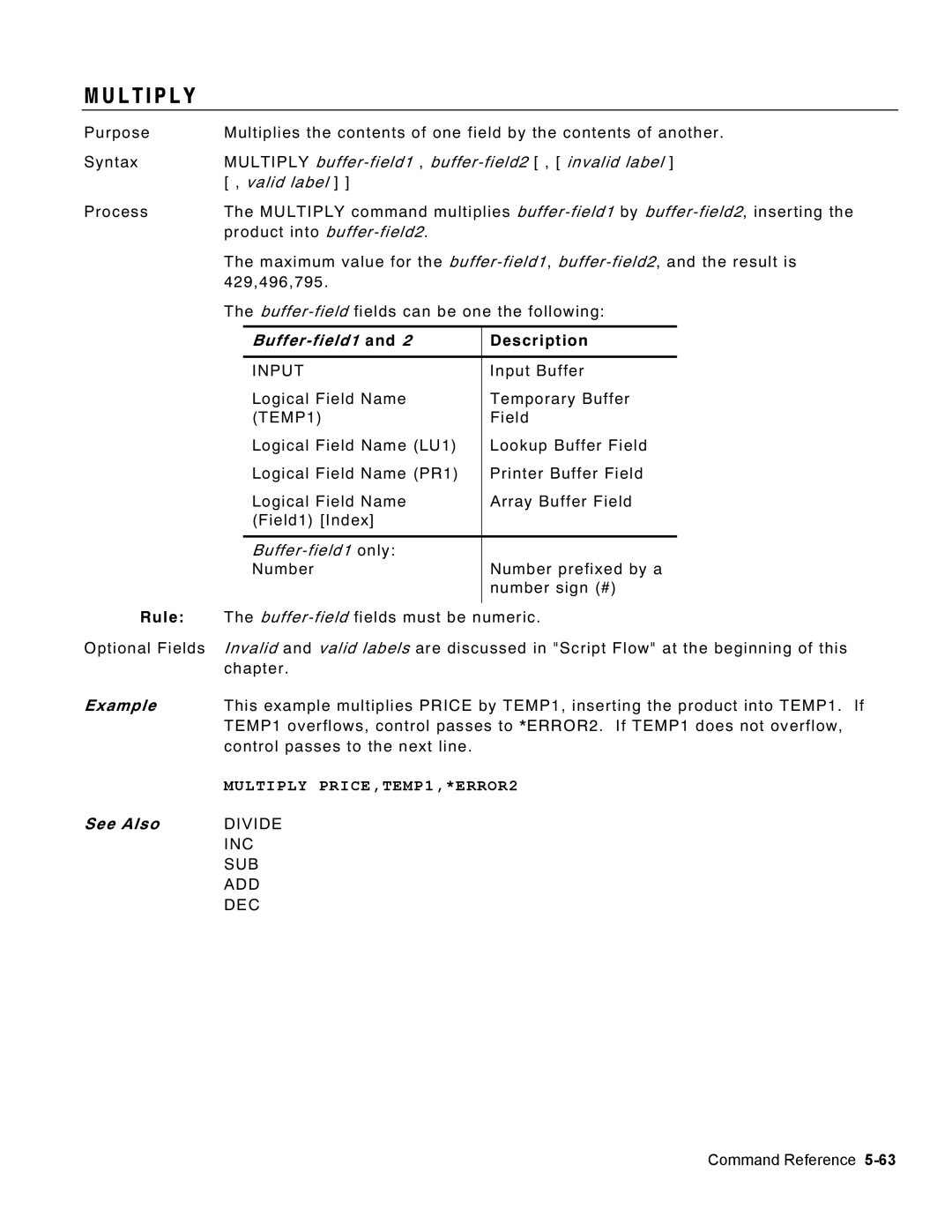 Monarch 9460 L T I P L Y, Multiply buffer-field1 ,buffer-field2 , invalid label, Valid label, Multiply PRICE,TEMP1,*ERROR2 