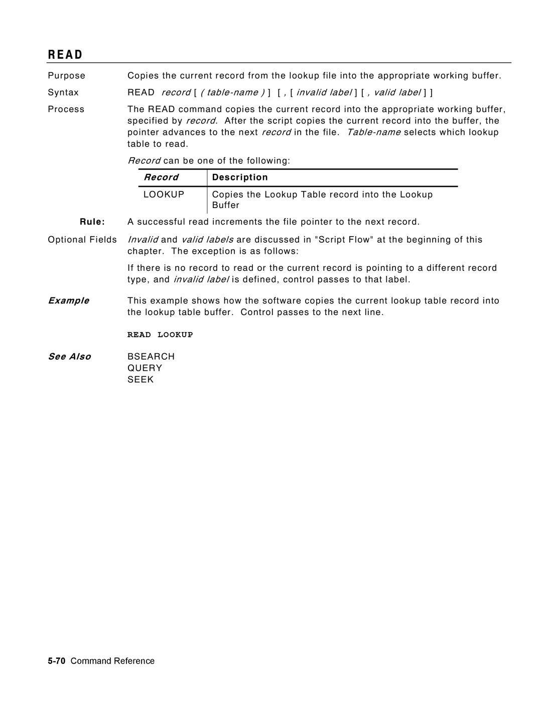 Monarch 9460 manual A D, Read record table-name , invalid label , valid label, Record, Read Lookup 