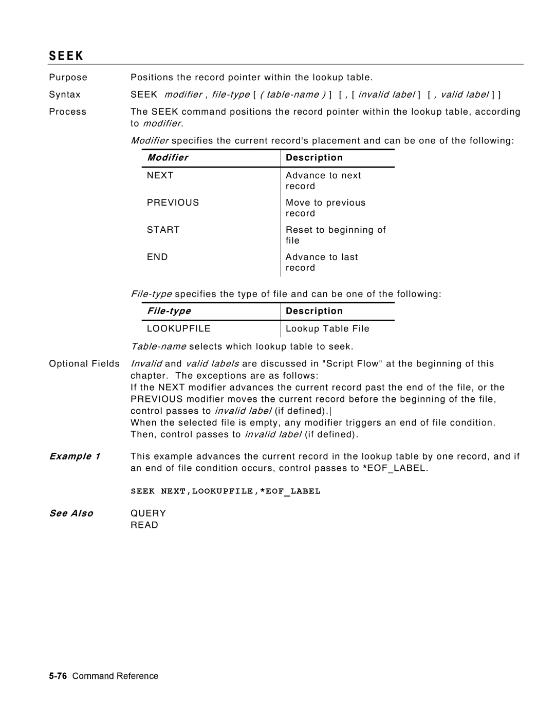 Monarch 9460 manual E K, To modifier, File-type, Seek NEXT,LOOKUPFILE,*EOFLABEL 