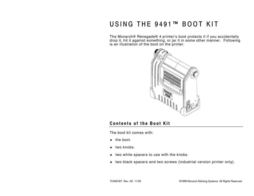 Monarch 9491 manual I N G T H E 9 4 9 1 B O O T K I T, N t e n t s o f t h e B o o t K i t 