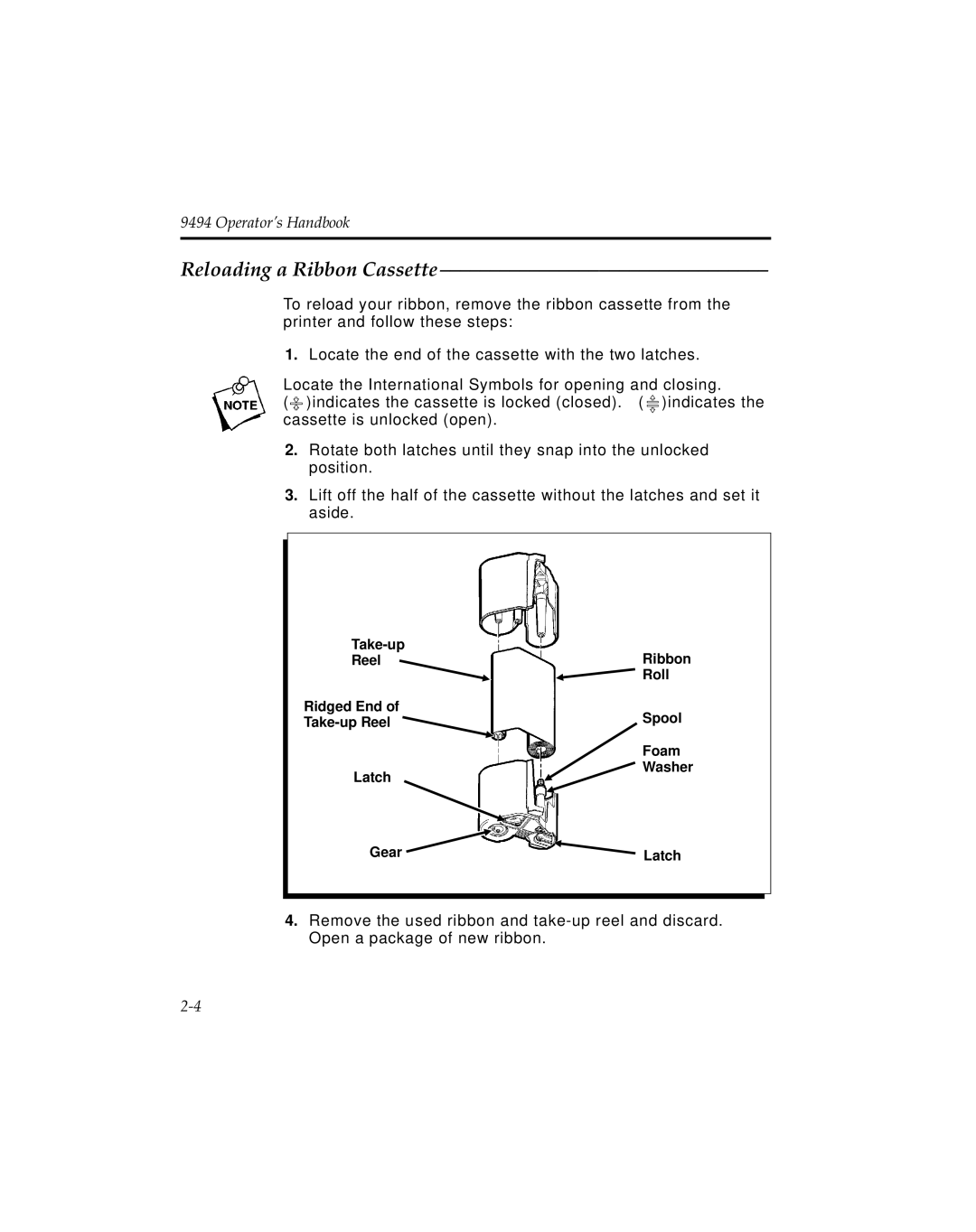 Monarch 9494 manual Reloading a Ribbon Cassette 