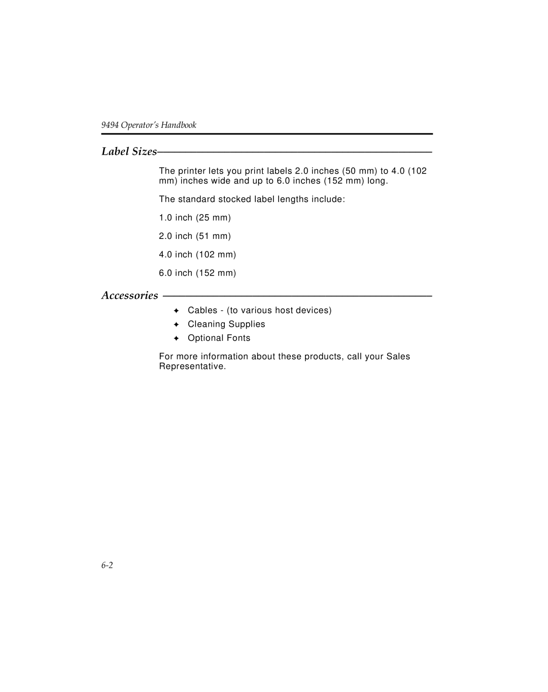 Monarch 9494 manual Label Sizes, Accessories 