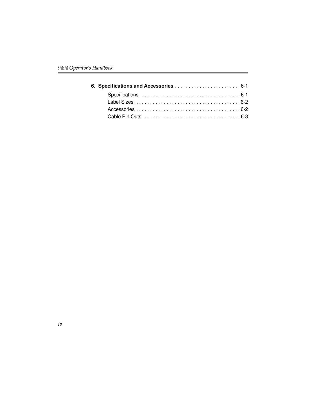 Monarch 9494 manual Specifications and Accessories Label Sizes Cable Pin Outs 