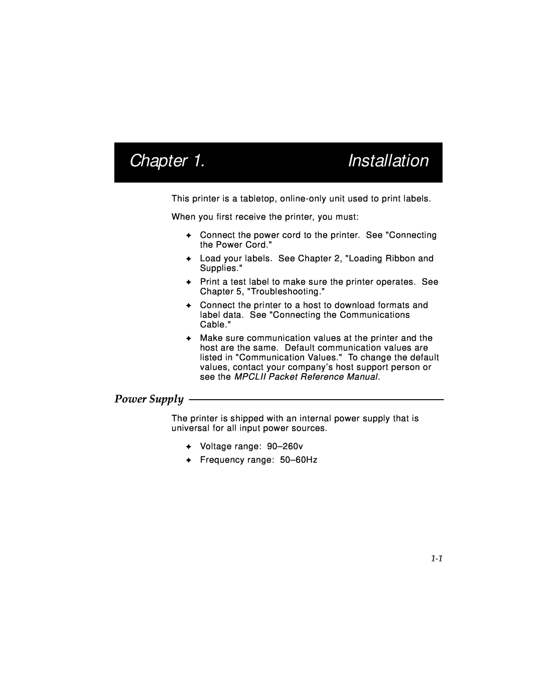 Monarch 9494 manual Chapter, Installation, Power Supply 